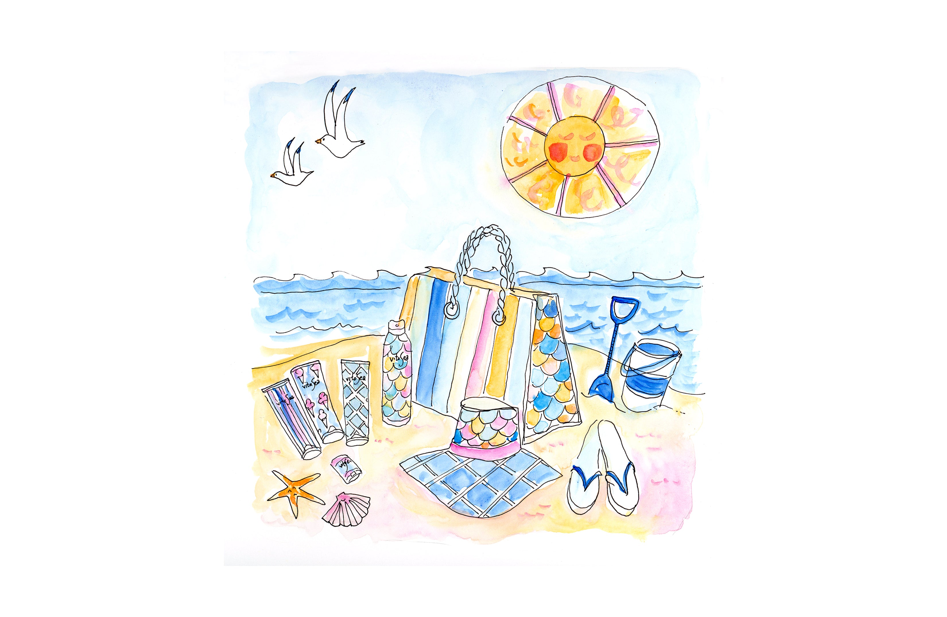 Illustration of VitaSea sunscreen products by the beach next to tote bag.