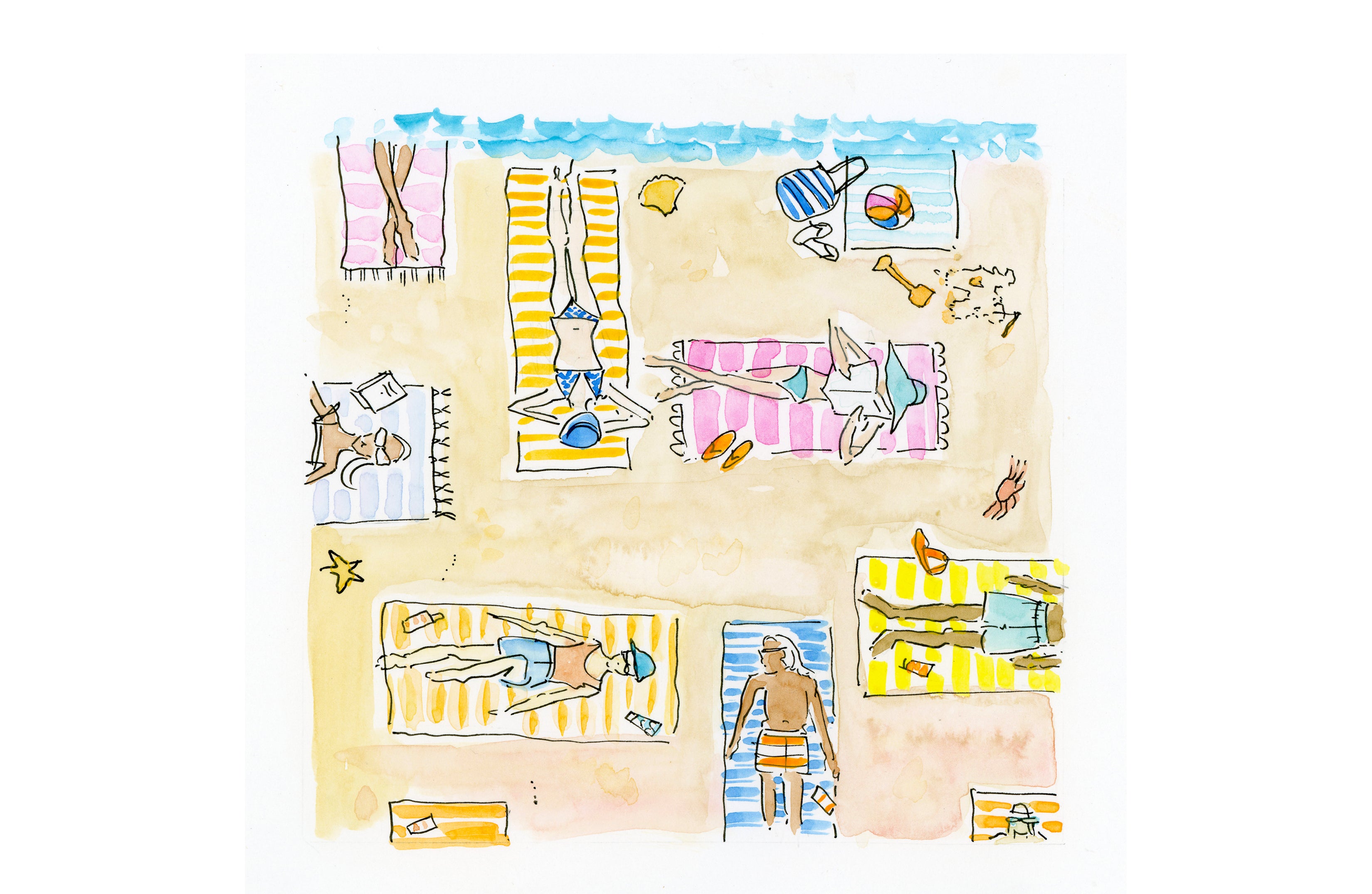 Illustration of people laying on beach towels with VitaSea sunscreen relaxing in the sun