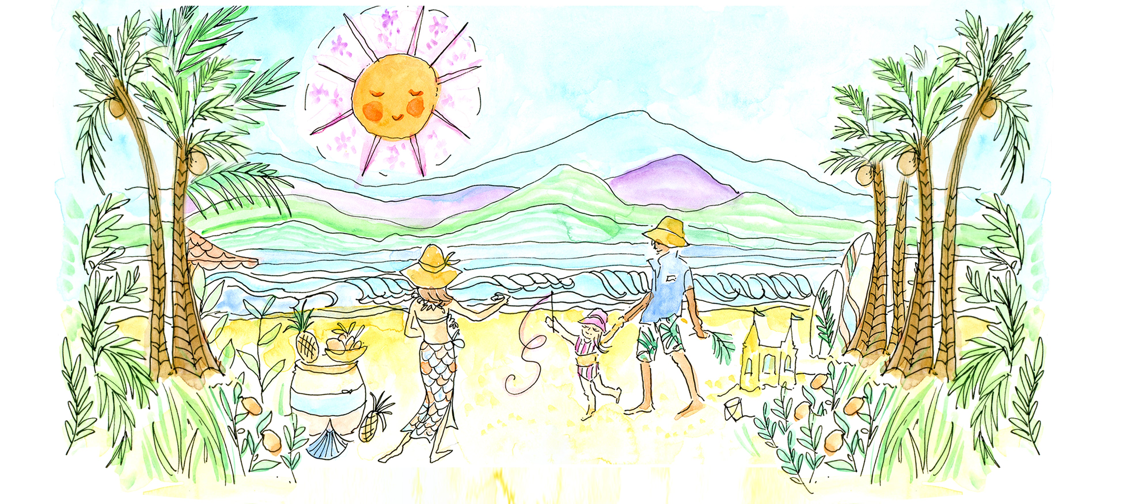 Illustration of 2 adults and child by the beach